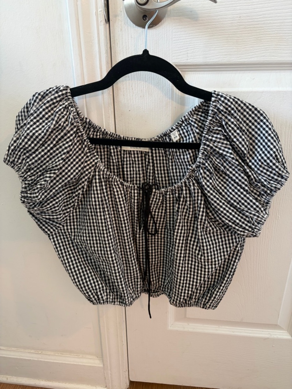 Doen Black and White Gingham Puff-Sleeve Tie-Front Top